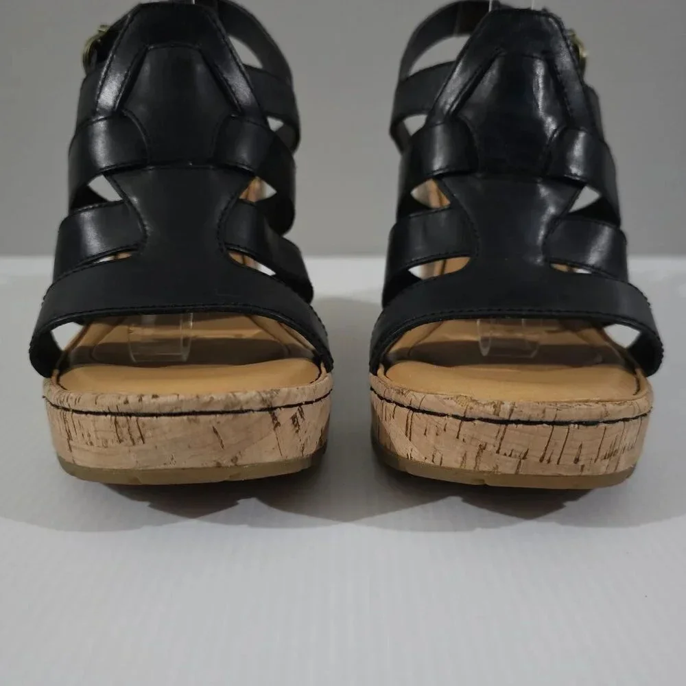 Born Bernese Cage Cork Wedge Sandal Womens 10 Black Leather Summer Platform - Picture 6 of 13